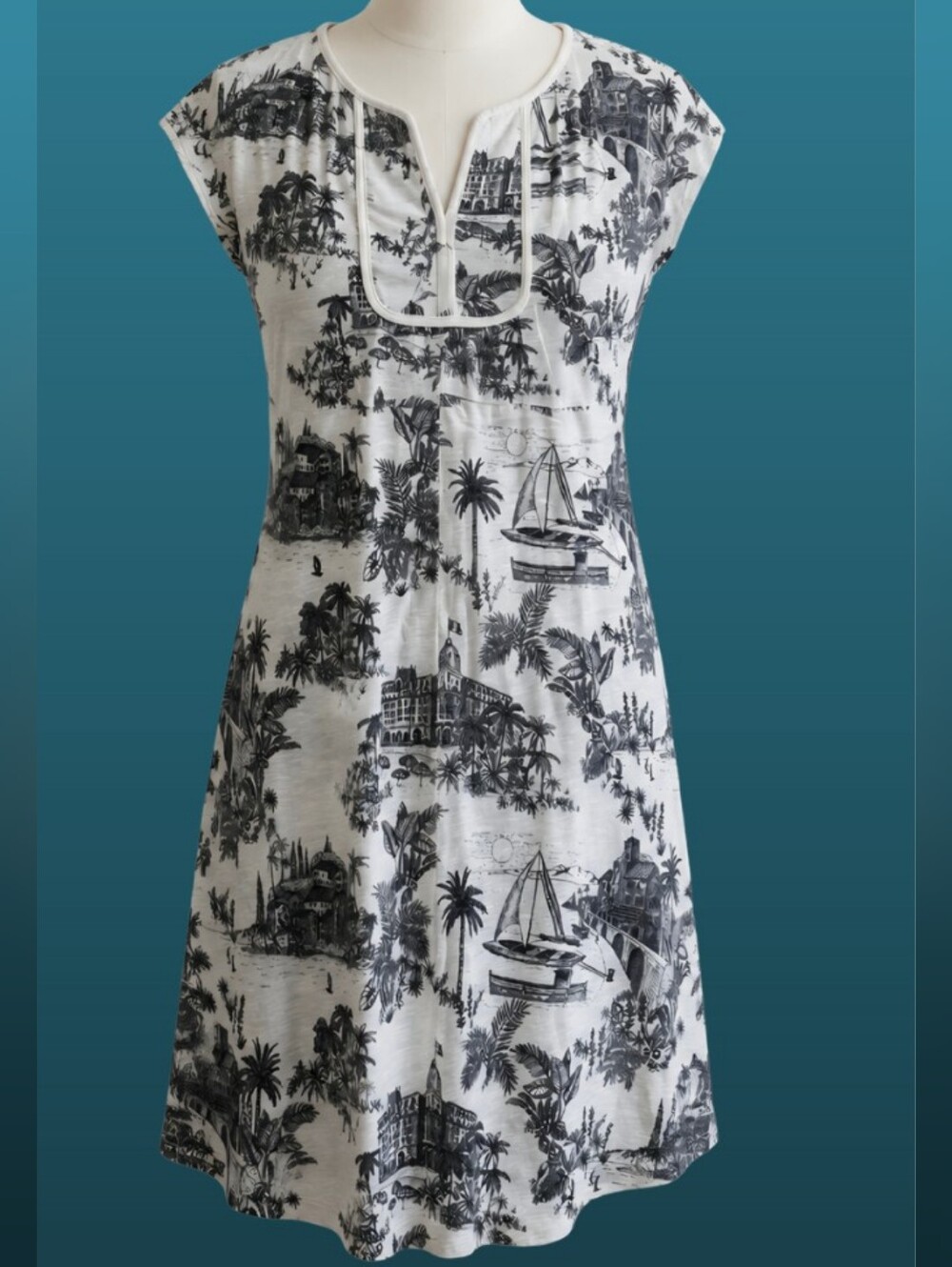 Tommy Bahama Split Neck Shift Dress S/P Black White Tropical Toile Cover Up Knit